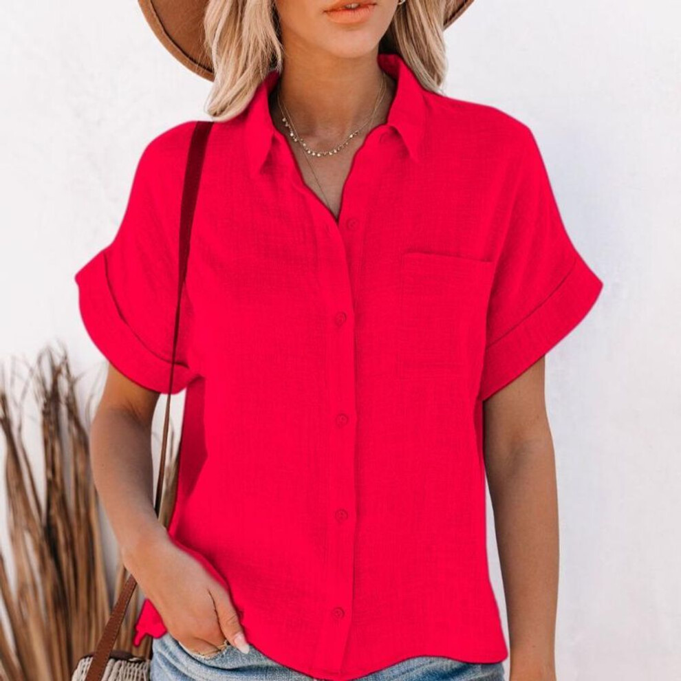 (S, red) Summer Cotton Linen Shirt Women Short Sleeves Tops Womens Elegant Blouses Short Sleeve Summer Shirts For Women Casual