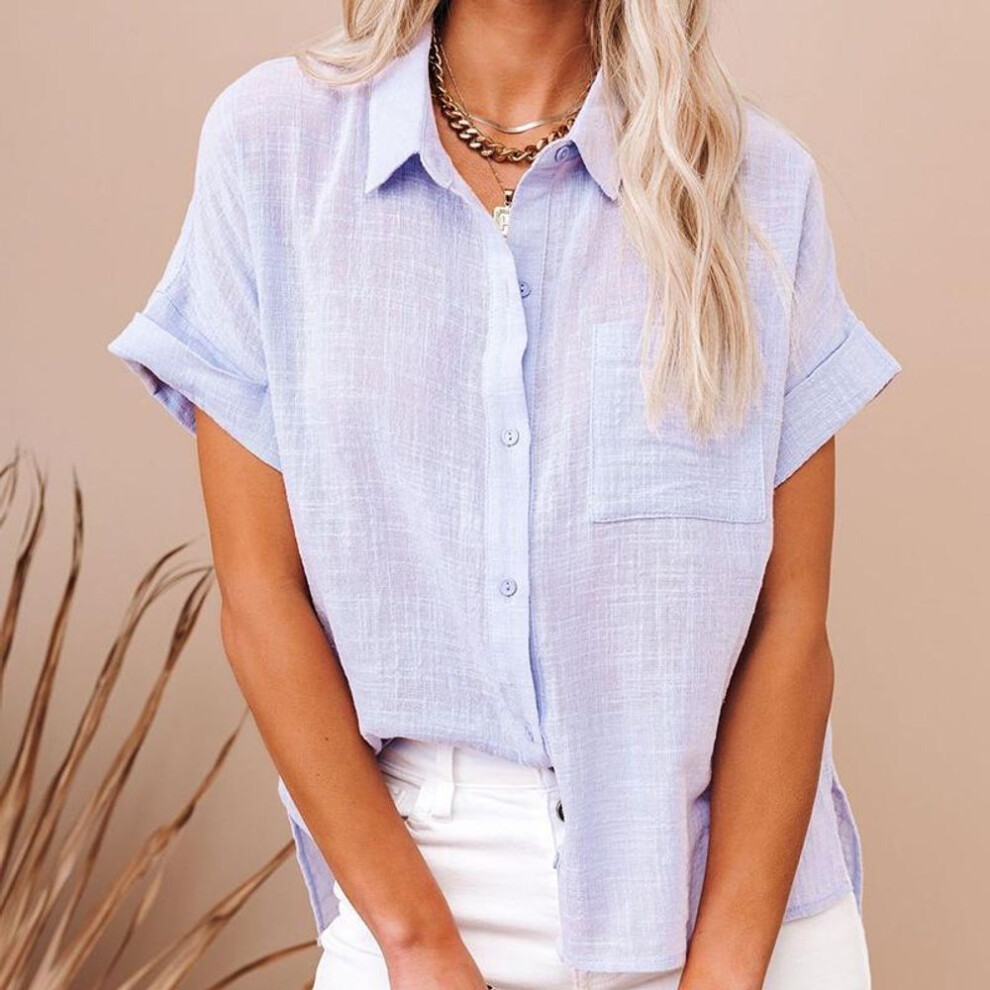 (L, light purple) Summer Cotton Linen Shirt Women Short Sleeves Tops Womens Elegant Blouses Short Sleeve Summer Shirts For Women Casual