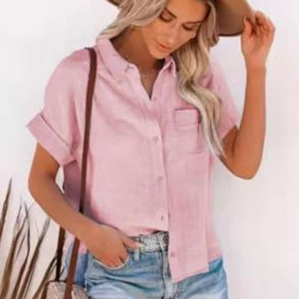 (XXL, pink) Summer Cotton Linen Shirt Women Short Sleeves Tops Womens Elegant Blouses Short Sleeve Summer Shirts For Women Casual