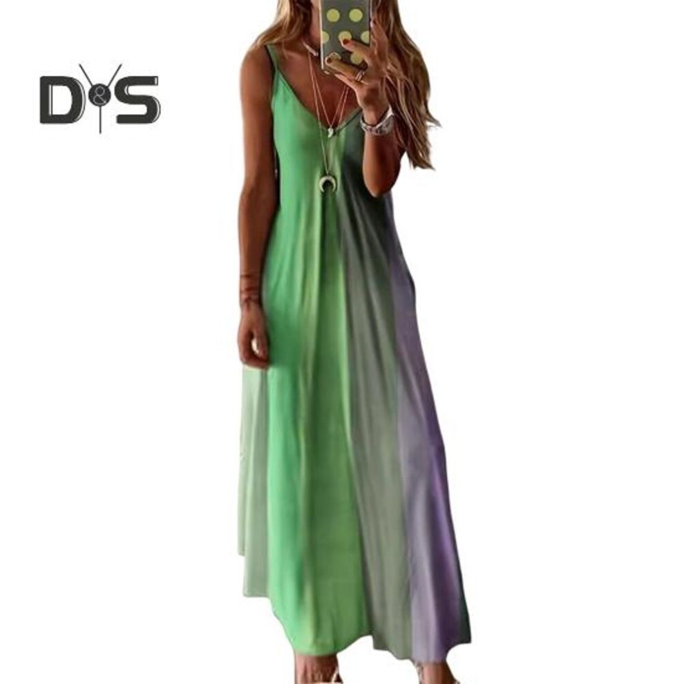 (green, M) Women's Spaghetti Strap Gradient Long Dresses Summer Casual V Neck Flowy Maxi Dress Loose Beach Sundress