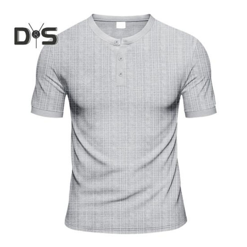 (grey, L) Summer Men T-shirt Loose Fit American Style Short Sleeve Buttoned Round Neck Top Solid Color Casual Daily Top
