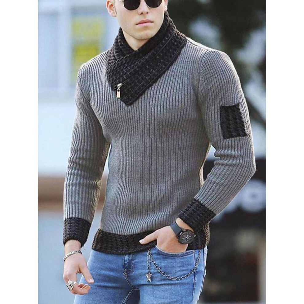 (light grey, S) 2023 Men's Slim Knit Scarf Collar Pullover Sweater