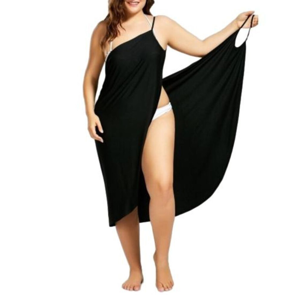 (L, black) DYS Plus Size Summer Beach Sexy Women Solid Color Wrap Dress Bikini Cover Up Sarongs