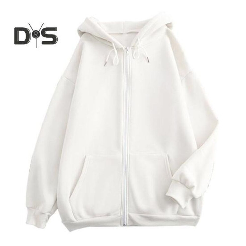 (white, XXL) Men Women Jacket Coat Hooded Drawstring Long Sleeve Zipper Placket Outwear with Pockets Loose Fit Sweatshirt Outwear