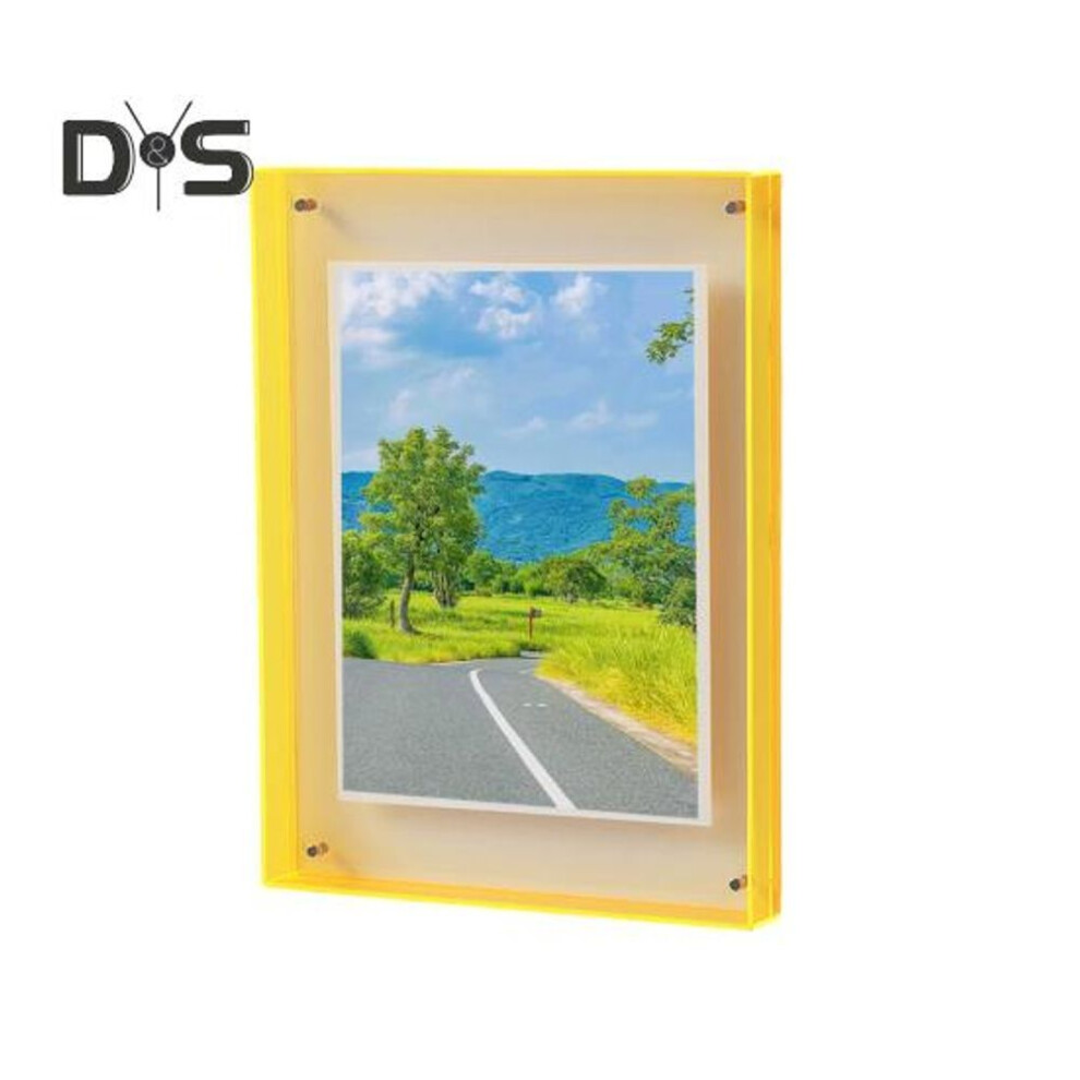 (fluorescent yellow, 26cm) Floating Photo Frame Horizontal Vertical Neon Acrylic Home Gallery Office Wall Mount Desktop Standing Decorative Picture Poster Display Frame