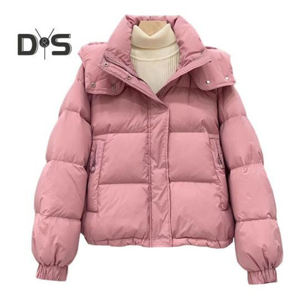 (pink, L) Women Winter Cotton Coat Hooded Thickened Padded Short Type with Zipper Pockets Elastic Cuffs Pure Color Windproof Lady Down Coat