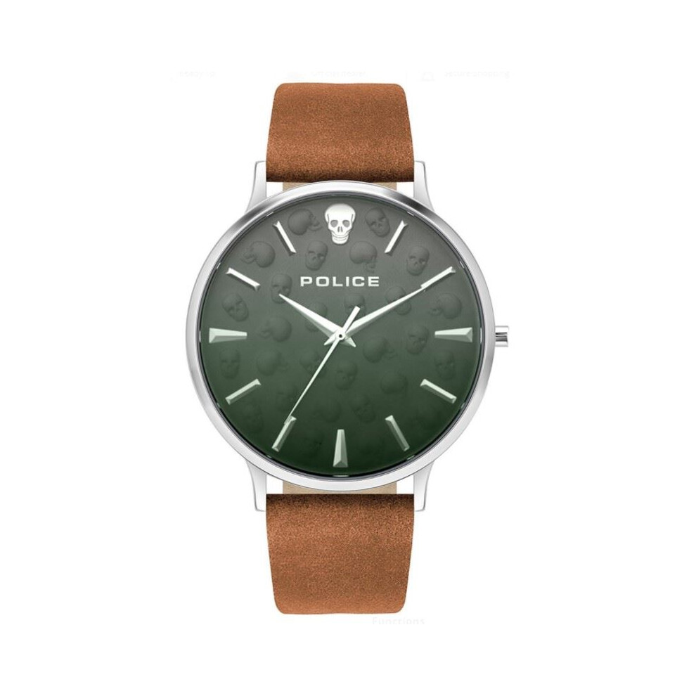 Police TASMAN Men's Analog Watch with Tan Leather Strap and Green Dial PL16023JS-13