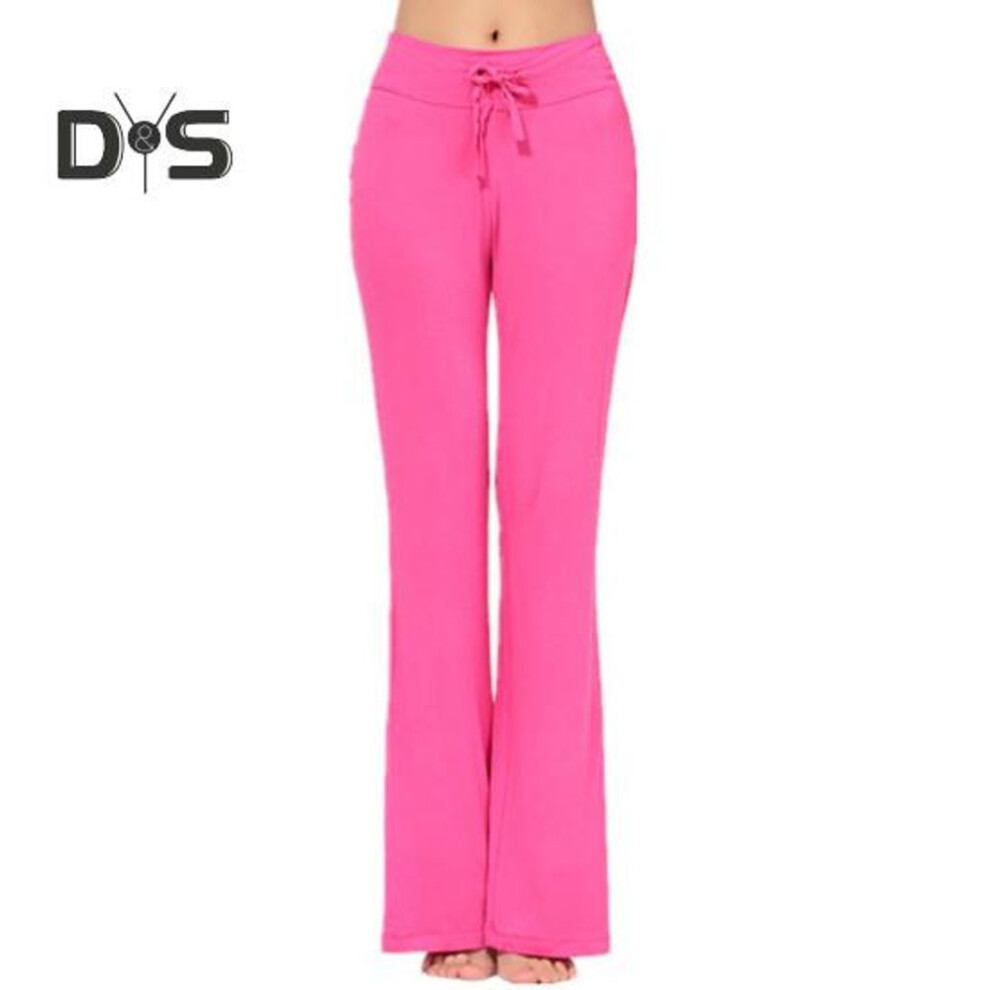 (rose red, L) Women Flared Pants with Pockets Elastic Waist Adjustable Drawstring Solid Color Casual Trousers Leisure Daily Wear
