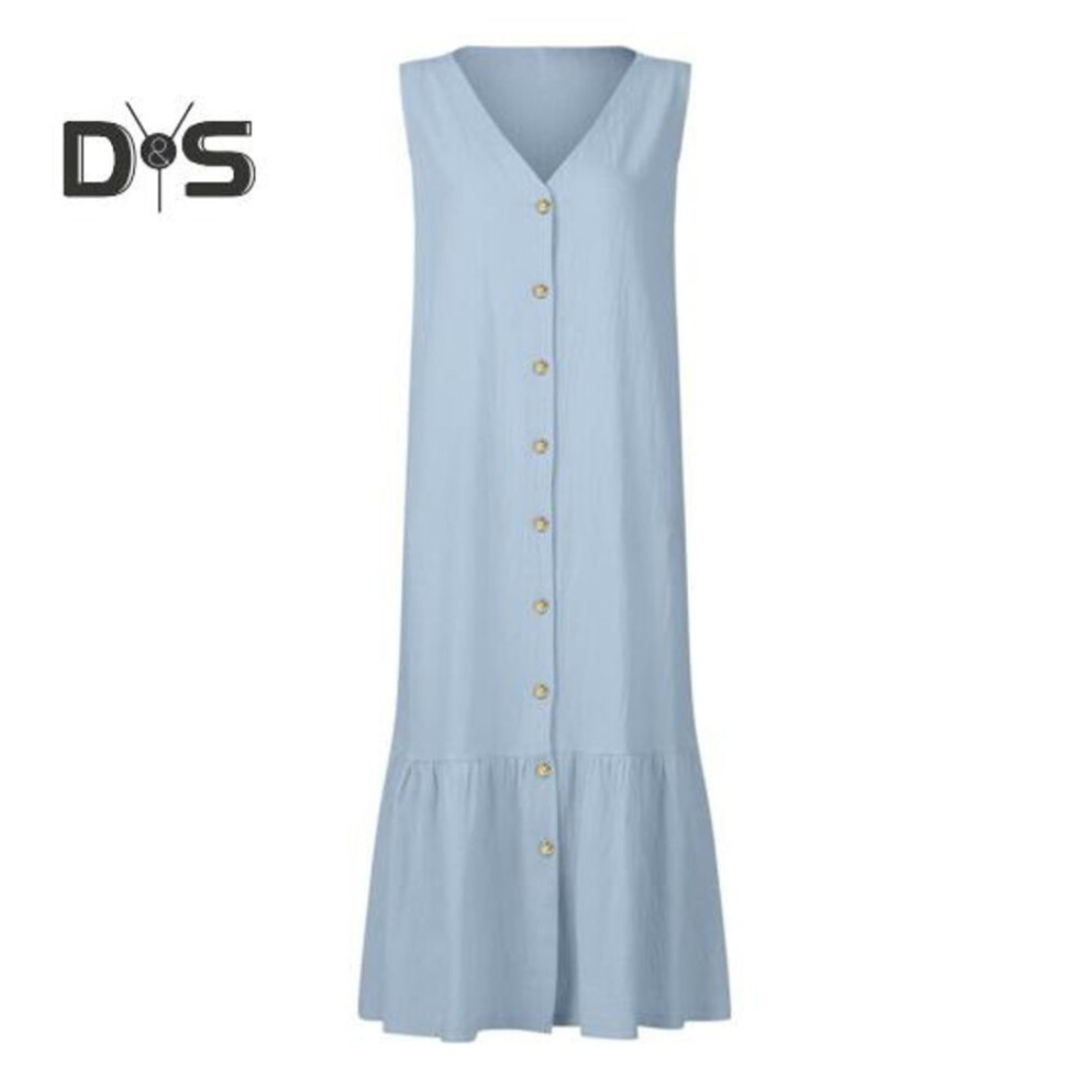 (light blue, XXXL) Women's Summer Sleeveless Dress Button Down V-neck Maxi Dress Summer Loose Fit A-Line Beach Dress for Everyday Office Vacation