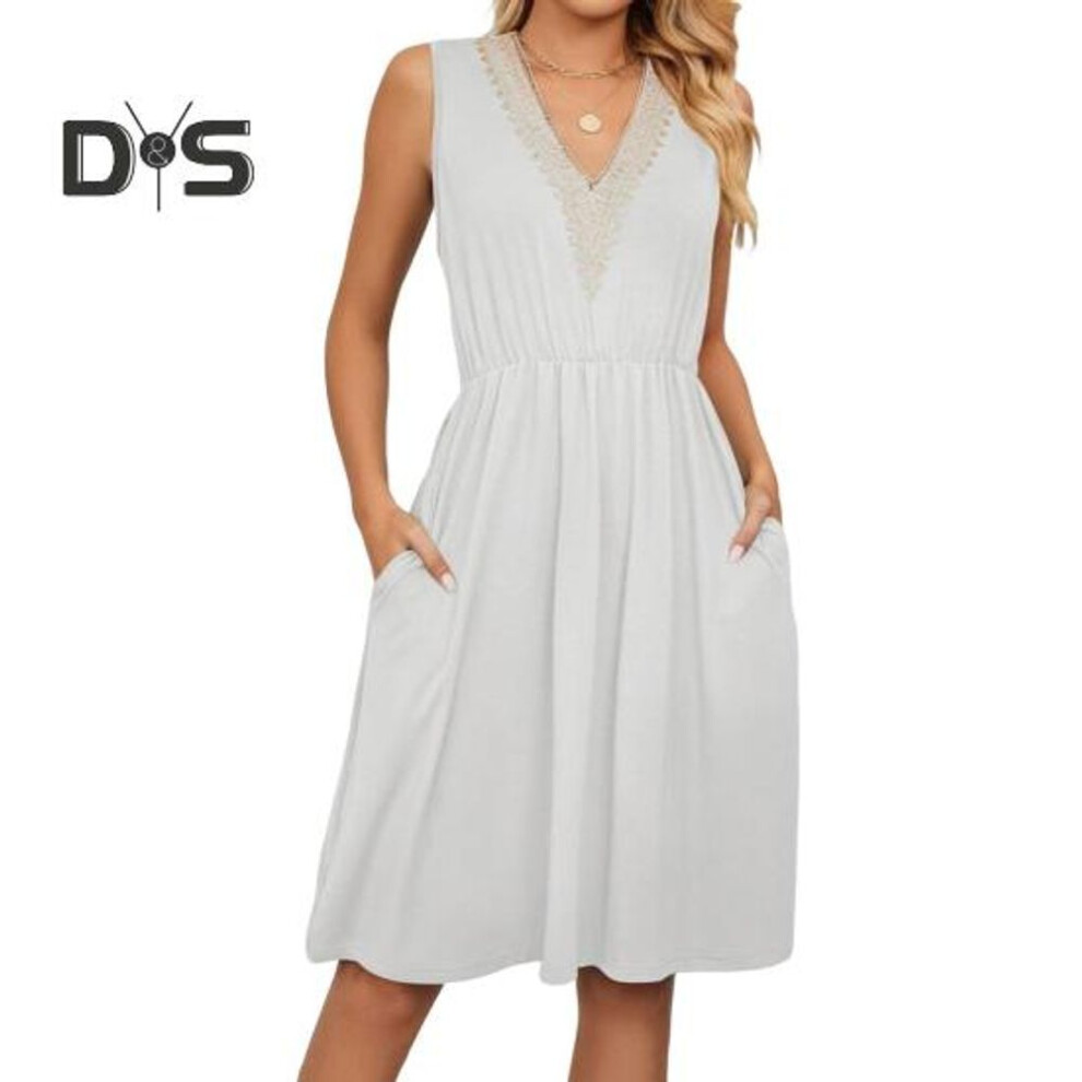 (white, L) Women's Summer Dress V Neck Sleeveless Midi Dresses with Pockets Casual Boho Beach Vacation Sundresses