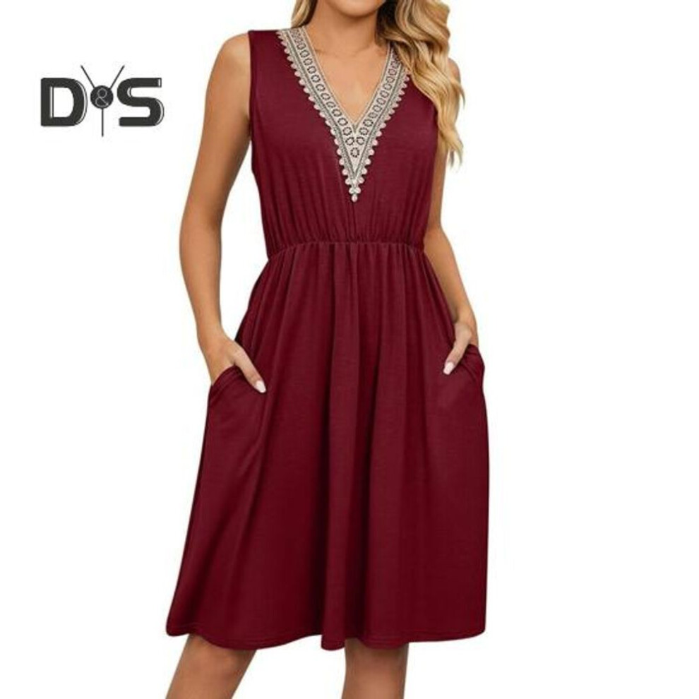 (red, XXL) Women's Summer Dress V Neck Sleeveless Midi Dresses with Pockets Casual Boho Beach Vacation Sundresses