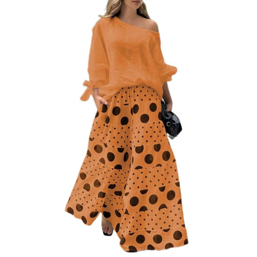 (orange, XXXL) 2 Pcs/Set Women T-shirt Pants Set Slant Neck One Shoulder Long Sleeve Bow Cuff Top Loose High Waist Wide Leg Printed Long