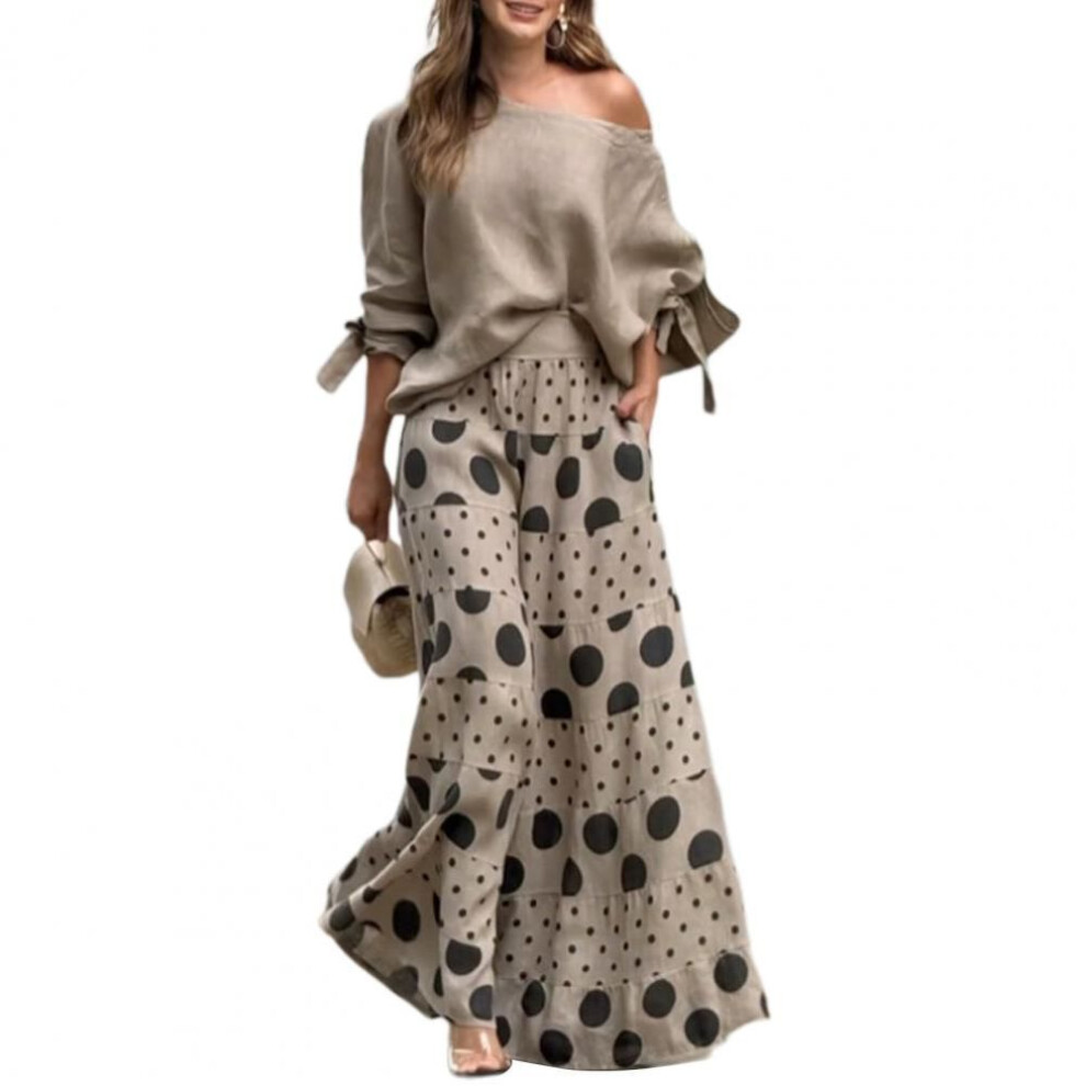 (apricot, L) 2 Pcs/set Women T-shirt Pants Set Slant Neck One Shoulder Long Sleeve Bow Cuff Top Loose High Waist Wide Leg Printed Long