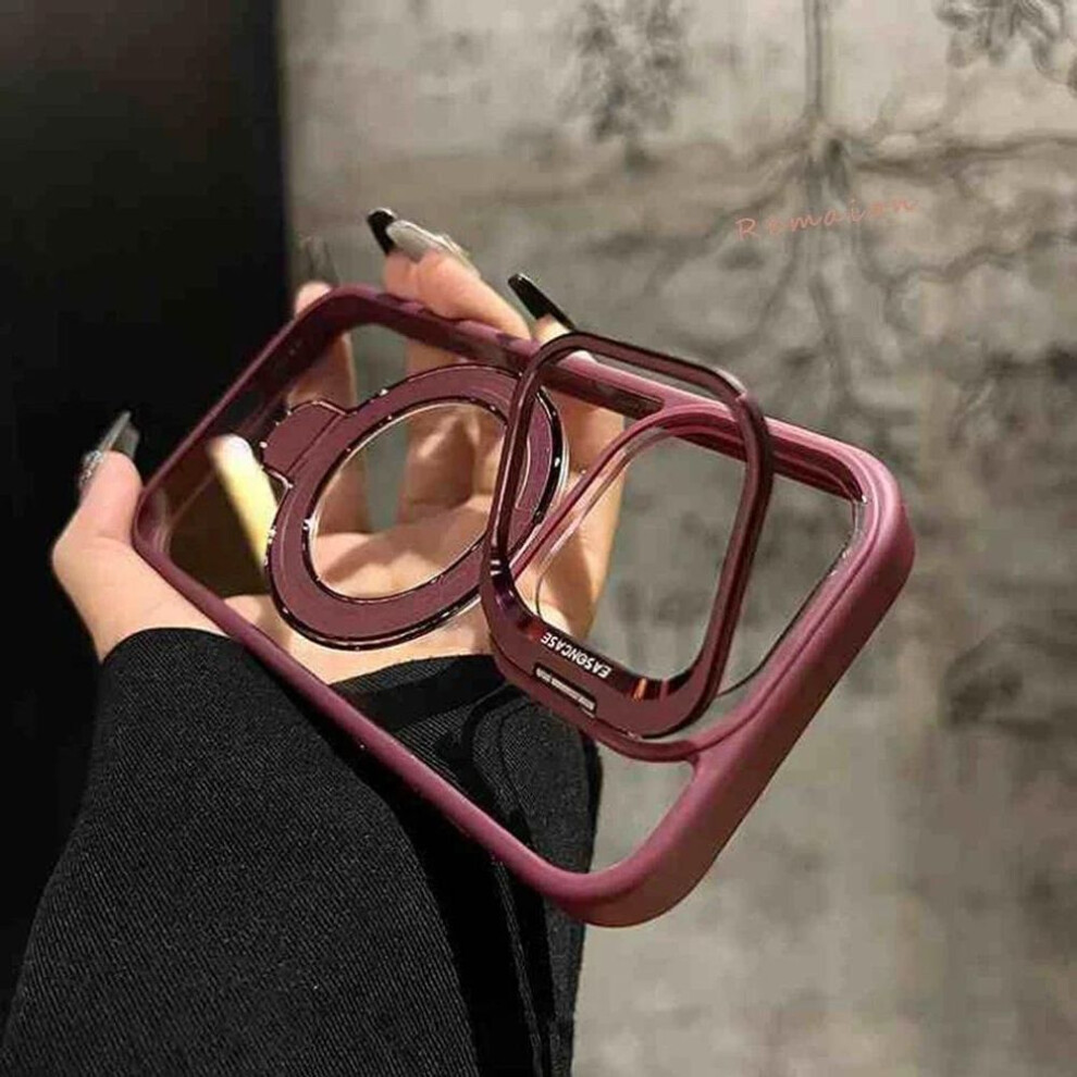 (wine, for iPhone16 proMax) Plum Ring Magnetic Stand Phone Case For Iphone 15 11 13 14 12 16 Pro Max 16 Plus Magsafe Transparent Glass Lens Protector Cover
