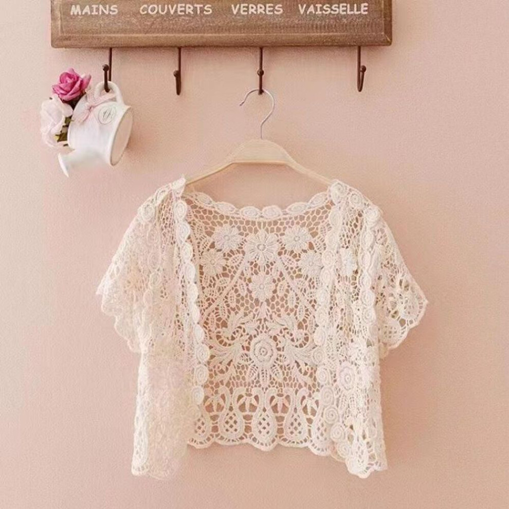 (M, beige) White Black Apricot Women Short Sleeve Shrug Bolero Lace Wedding Bridal Summer Jacket Elegant Lace Cape Knit Vest Vest Women