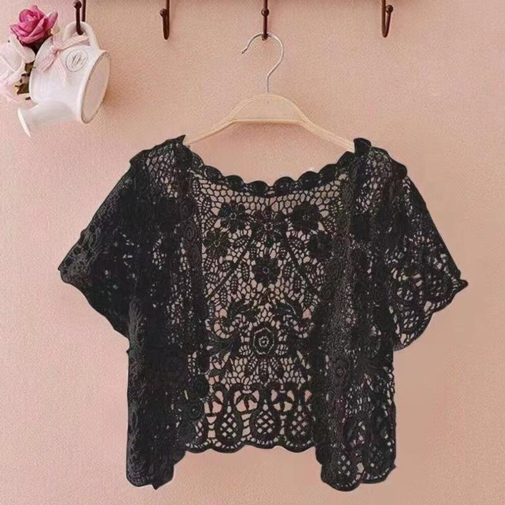 (XL, black) White Black Apricot Women Short Sleeve Shrug Bolero Lace Wedding Bridal Summer Jacket Elegant Lace Cape Knit Vest Vest Women