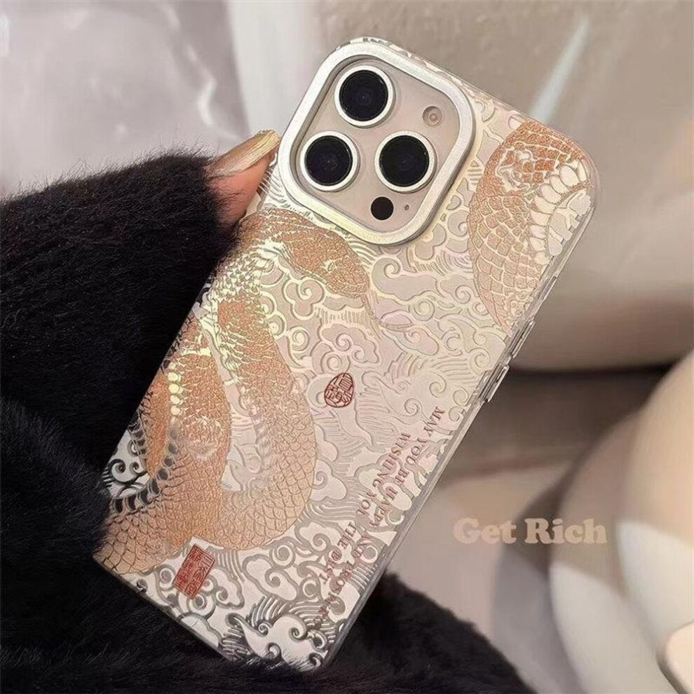(as the picture, iPhone 15) Luxury Chinese New Year Style Flying Cloud Snake Totem Phone Case For Iphone 16 15 14 13 12 11 Pro Max Fall Protection Cover