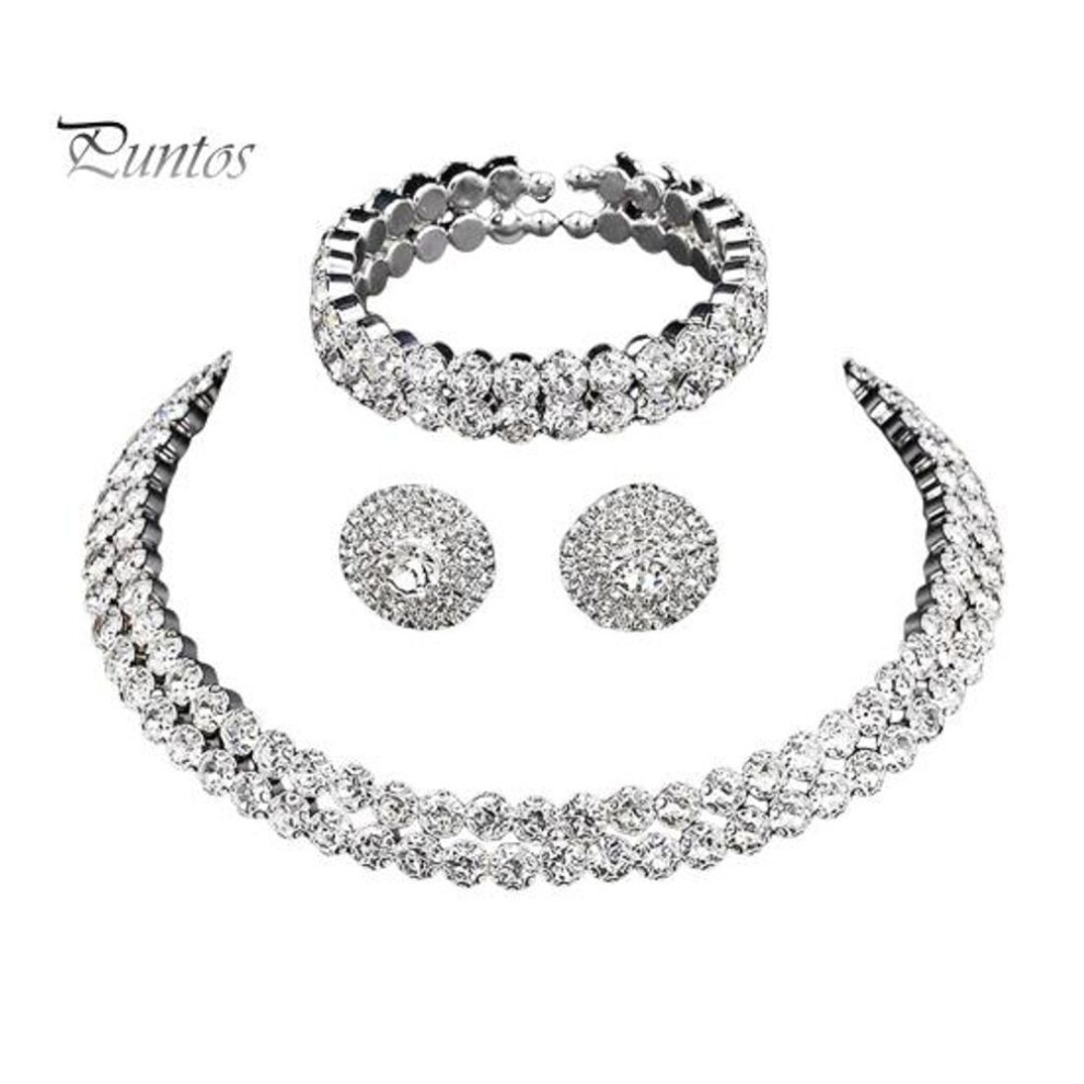 3 Pcs/set Women Jewelry Set Rhinestone Double-layered Floral Decor Necklace Earrings Bracelet Set Adjustable Length Bride Wedding Jewelry For Prom