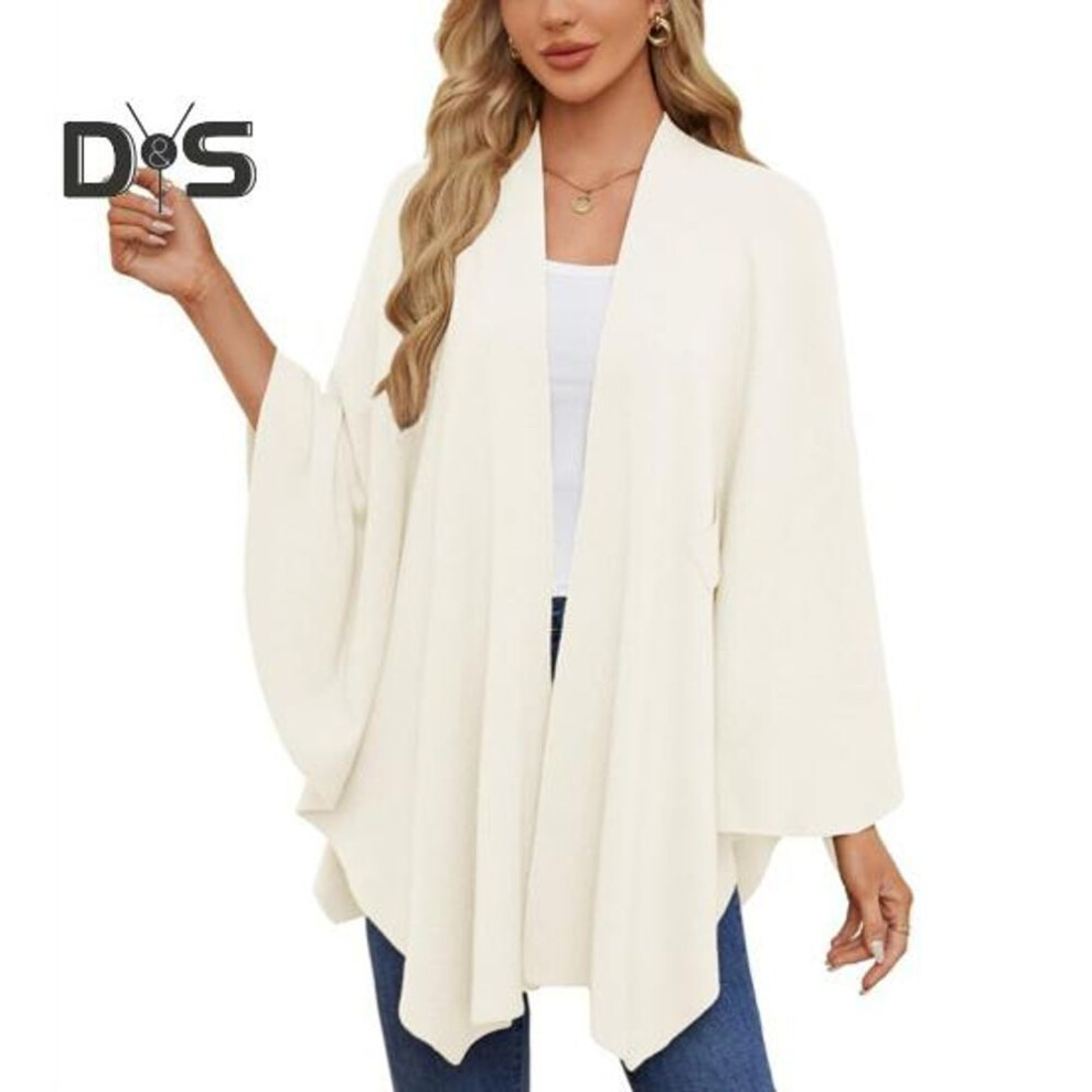 (ivory) Cloak Tops Women Solid Color Batwing Sleeve Style Shawl Coat Mid-Length Cross Design Cloak Style Blouse