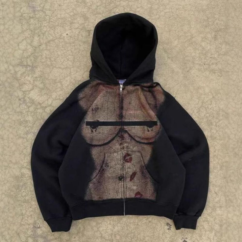 (XL, black) European and American autumn and winter slim fit street trend black hooded zipper sweatshirt for men and women