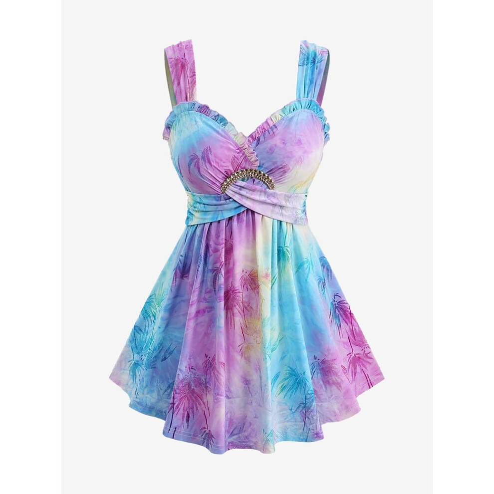 (4XL, pink) Rosegal Plus Size Ombre Tie Dye Flocking Bamboo Leaf Crisscross Buckle Ruffles Tank Top