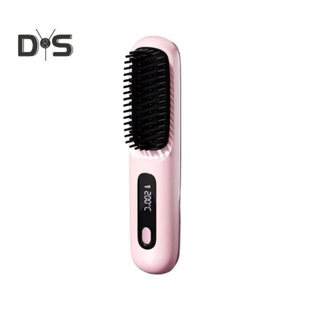 (pink) Portable Cordless Hair Straightener Brush Rechargeable Heated Hair Straightening Comb for Travel Mini Hair Styler Tool for Women