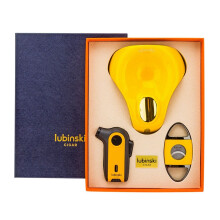 (Yellow) Rubinski Cigar Three-piece Set Direct Punch Lighter Metal Cigar Cutter Ceramic Ashtray Lubinski Cigar Suit