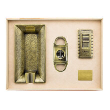 (Bronze) Lubinski Cigar Tools Suit V-shaped Scissors Alloy Ashtray Three Direct Punch Lighter Retro Gift Box Three-piece Set
