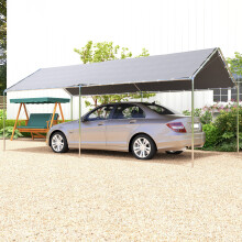 Outsunny 2-Rooms Outdoor Carport Galvanized Steel Frame Tent UV Resistant Grey