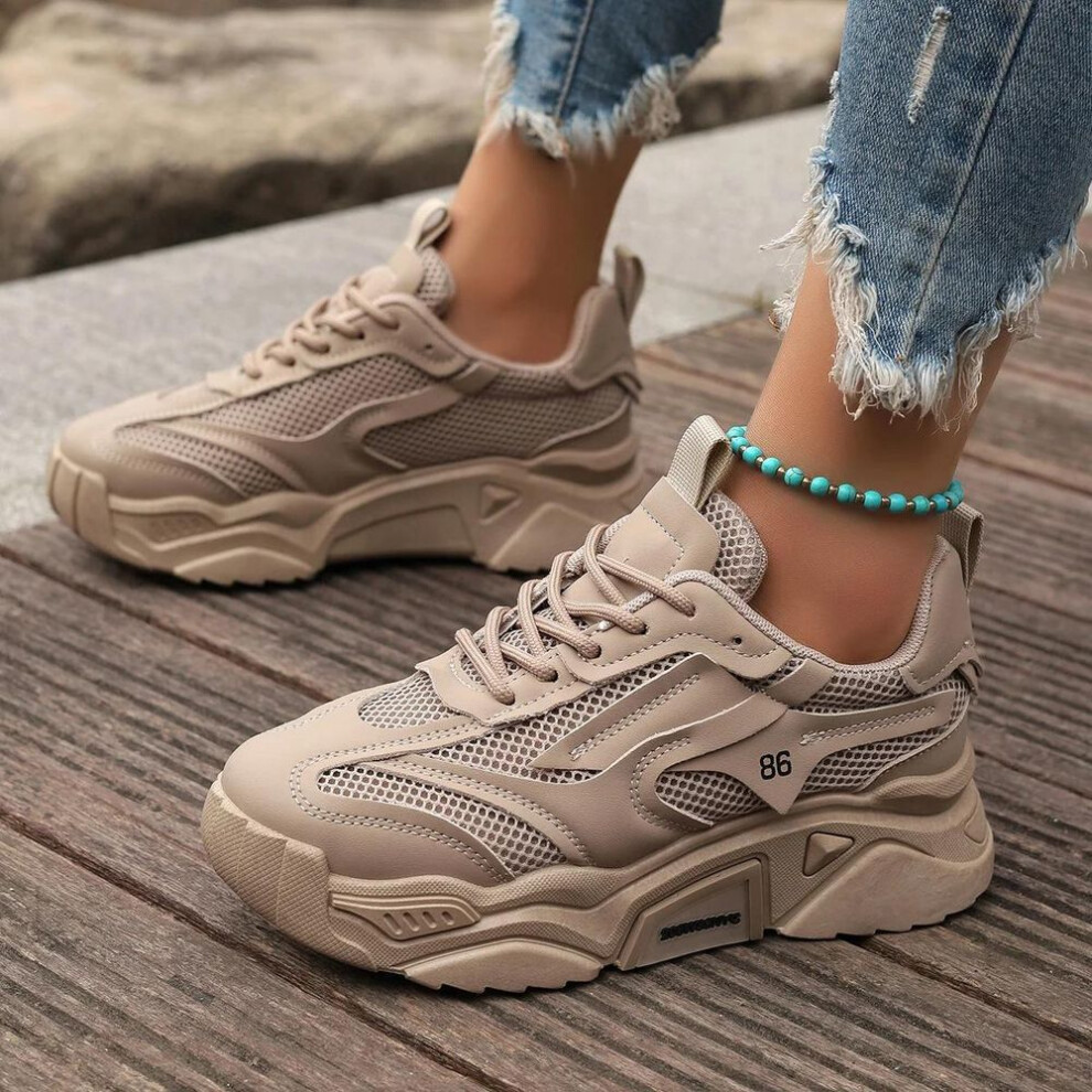 (khaki, 35) Women Sneakers New Fashion Mesh Breathable Tennis Girl Platform Shoes For Women Outdoor Comfortable Lightweight Sneakers Women