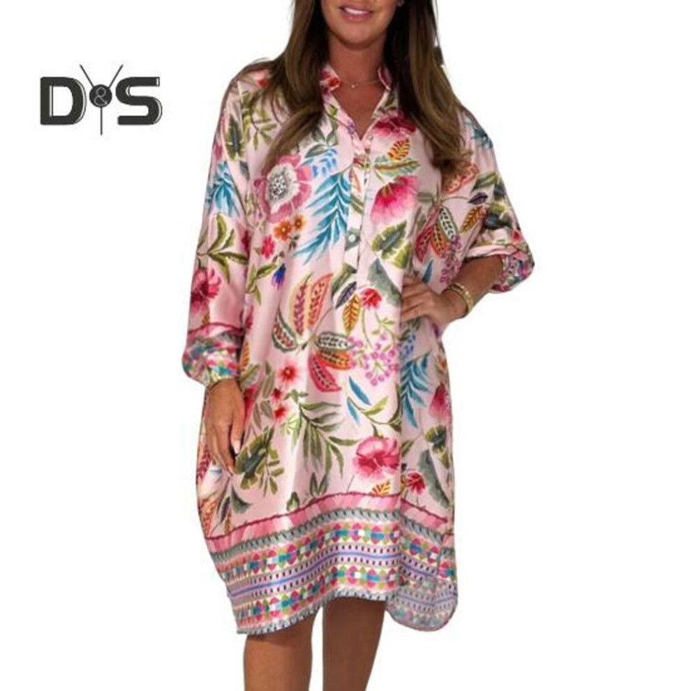 (pink, S) Women's Plus Size Boho Dress Floral Print Short Sleeved Button Up V Neck Dress Knee Length Summer Casual Shirt Dress