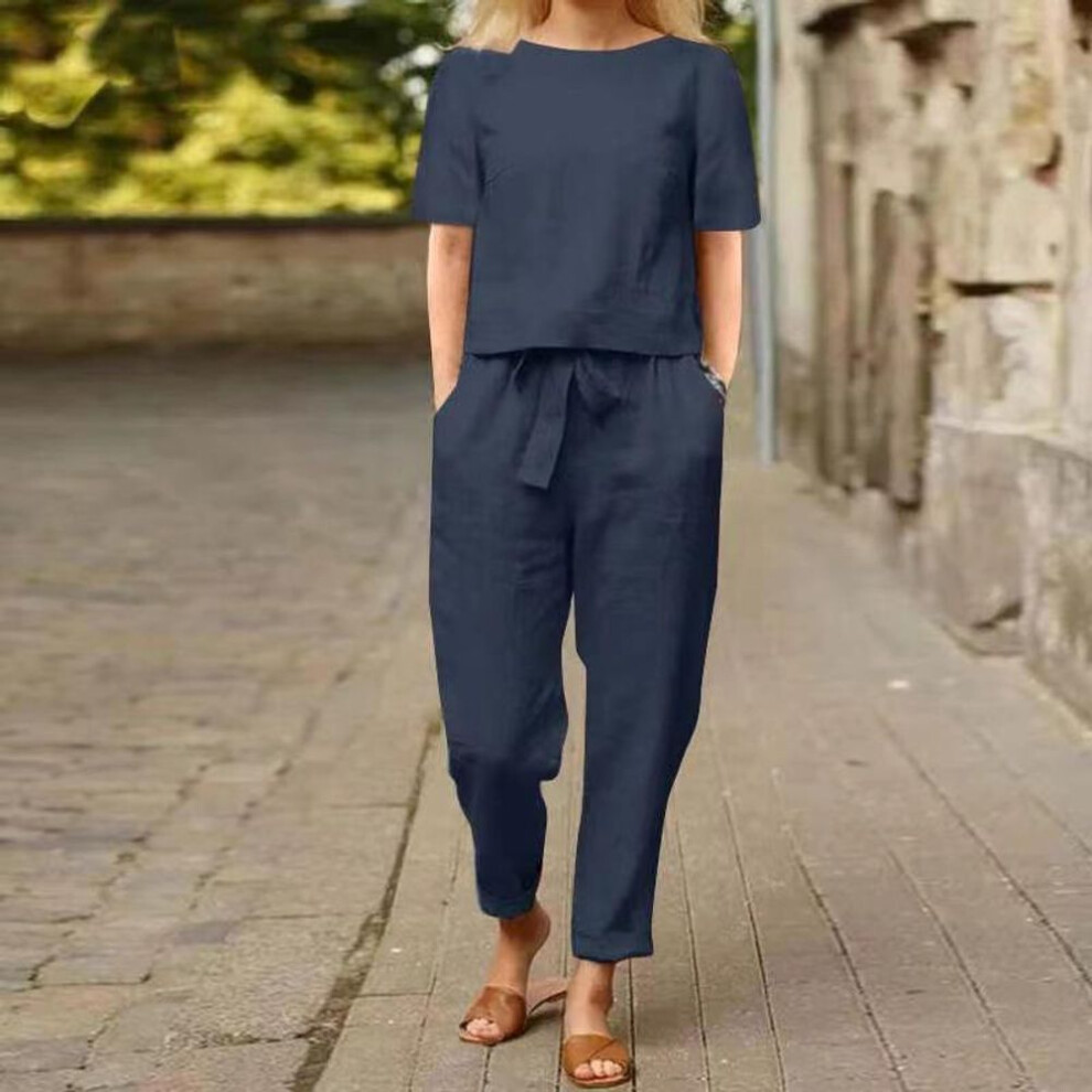 (navy blue, 5XL) 2024 Women's Cotton & Linen Summer Two-Piece Set - Half-Sleeve O-Neck Cardigan with Wide-Leg Pants