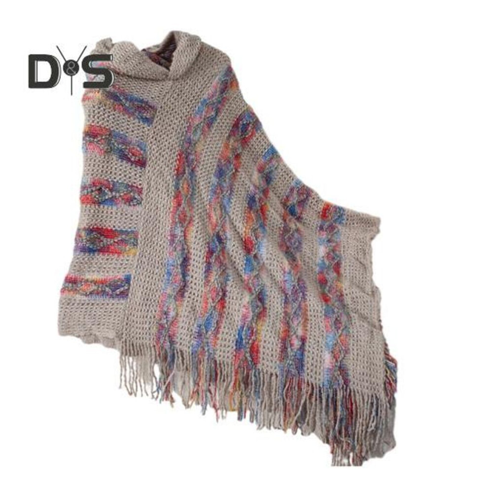 (khaki) Women Pullover Sweater Hooded Batwing Half Sleeve Tassel Knitting Cape Colorful Striped Asymmetric Hem Wrap Poncho Coat