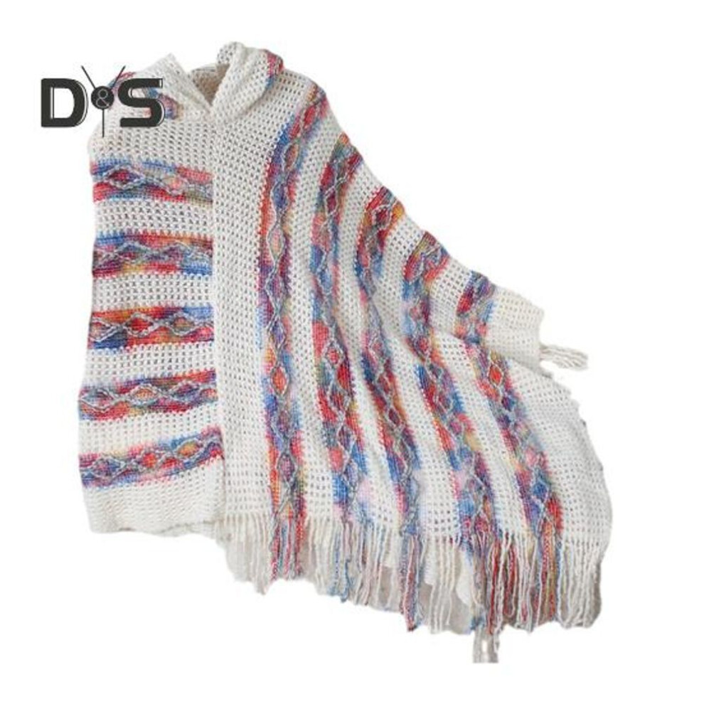 (white) Women Pullover Sweater Hooded Batwing Half Sleeve Tassel Knitting Cape Colorful Striped Asymmetric Hem Wrap Poncho Coat