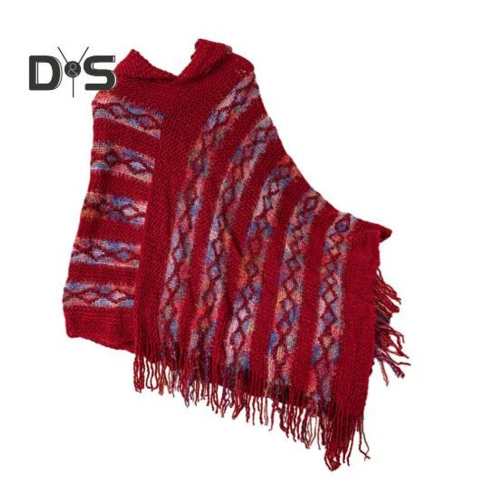 (wine red) Women Pullover Sweater Hooded Batwing Half Sleeve Tassel Knitting Cape Colorful Striped Asymmetric Hem Wrap Poncho Coat