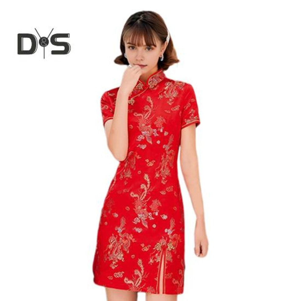 (XL, red) Women Summer Cheongsam Stand Collar Dragon Phoenix Print Split Hem Qipao Slim Fit Retro Chinese Style Above Knee Length Wedding Party Cocktail Dress