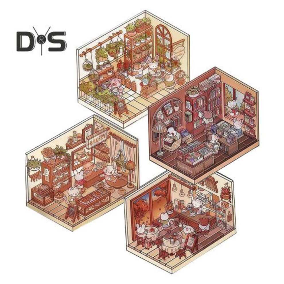 4 Set 3D Diy House Scene Stickers Stress Relief Decals Supermarket Coffee Shop Bookstore Sun Room Library Tear-resistant Surface Stickers