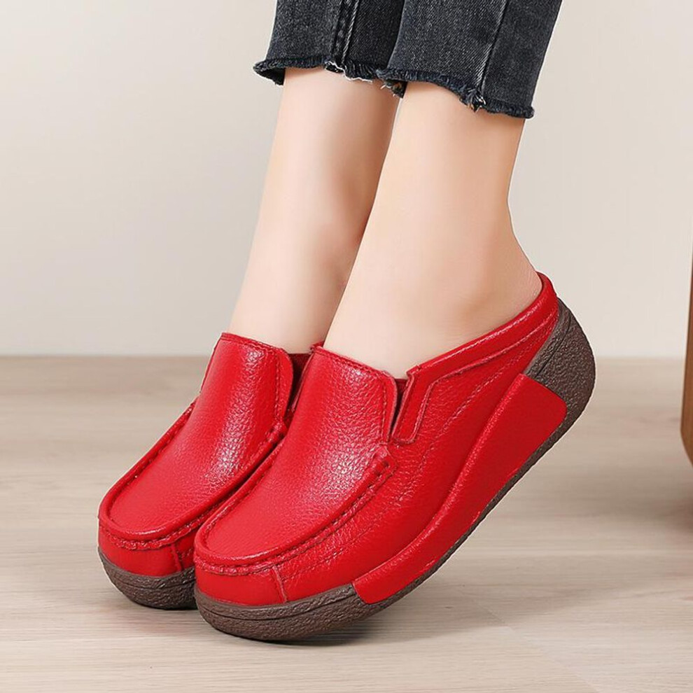 (red, 39) Women Platform Slippers Red Slip on Wedge Sandals Casual Leather Thick Sole Height Increase Chunky Mulers White Clogs