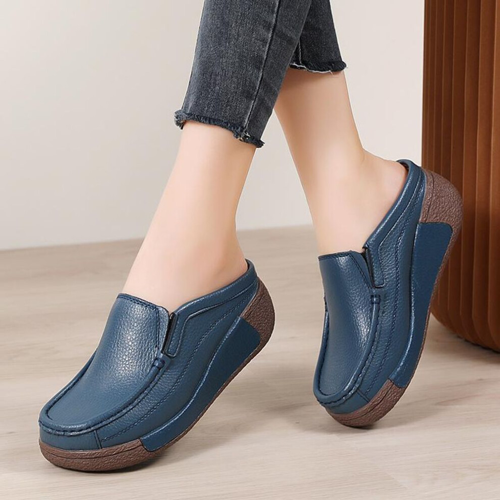 (blue, 35) Women Platform Slippers Red Slip On Wedge Sandals Casual Leather Thick Sole Height Increase Chunky Mulers White Clogs