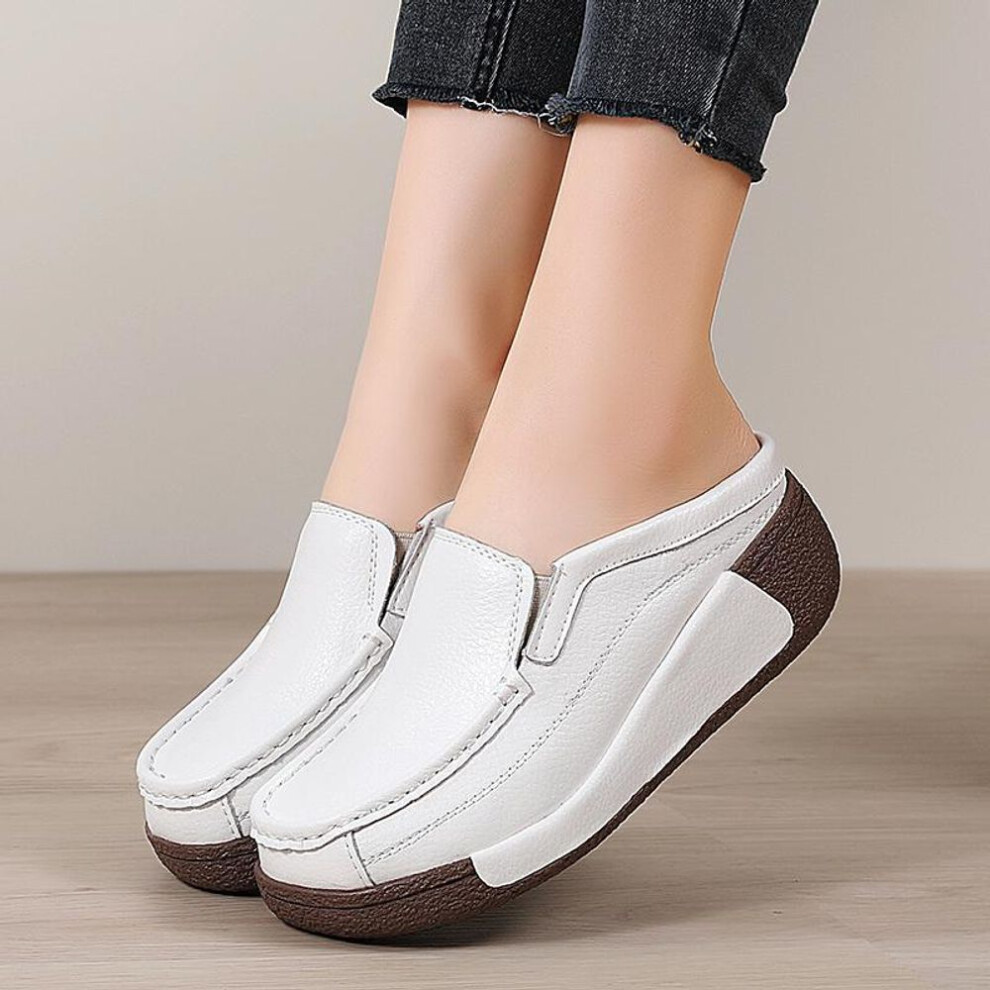 (white, 39) Women Platform Slippers Red Slip On Wedge Sandals Casual Leather Thick Sole Height Increase Chunky Mulers White Clogs
