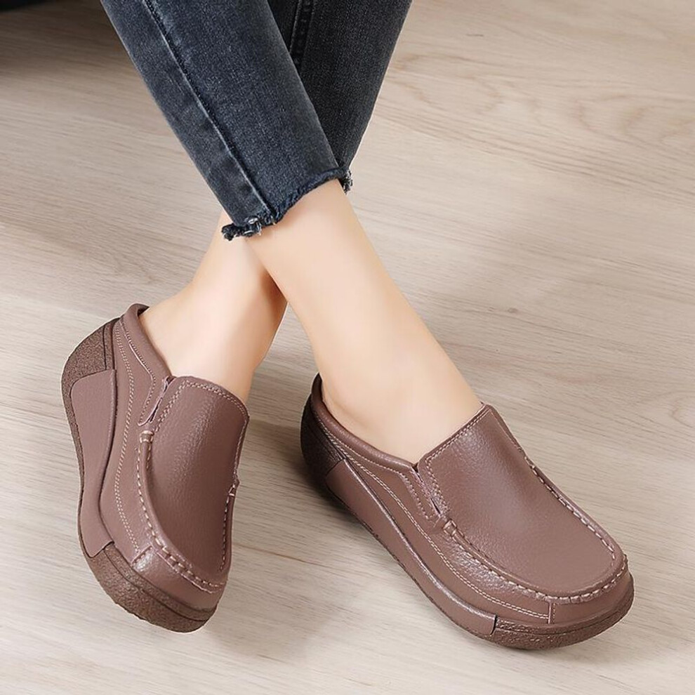 (brown, 35) Women Platform Slippers Red Slip on Wedge Sandals Casual Leather Thick Sole Height Increase Chunky Mulers White Clogs
