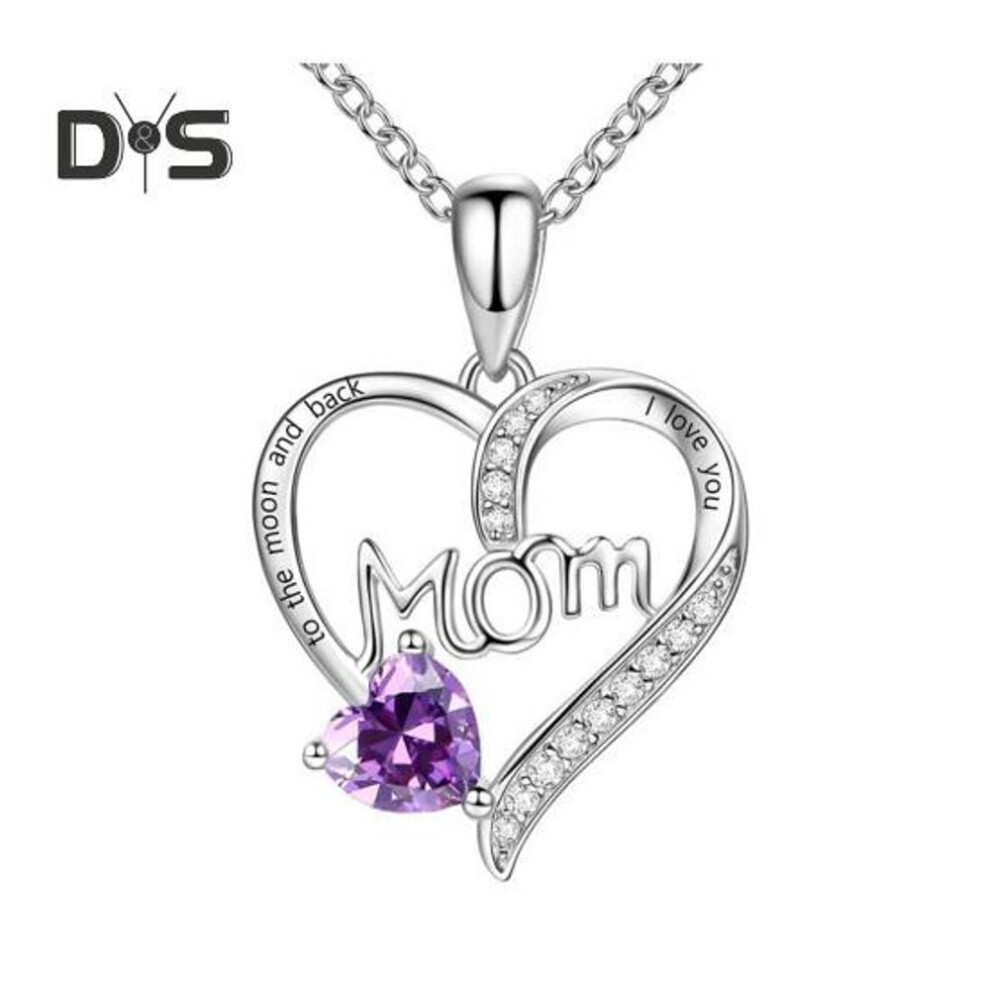 (purple, A) Heart Necklace for Women I Love You Mom Cubic Zirconia Heart Pendant Necklace Mother's Day Birthday Gift for Mom