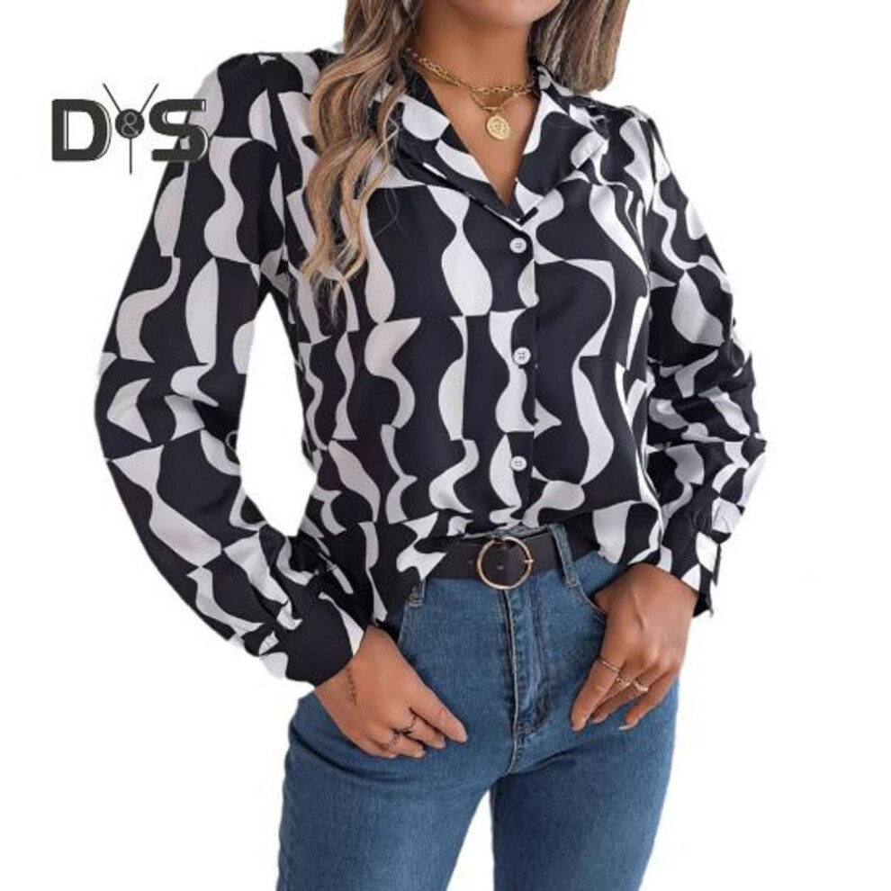 (S, white) Women's Button Down Shirt Casual Long Sleeve Lapel Top Loose Printed Streetwear Clothing for Work Party Vacation Travel
