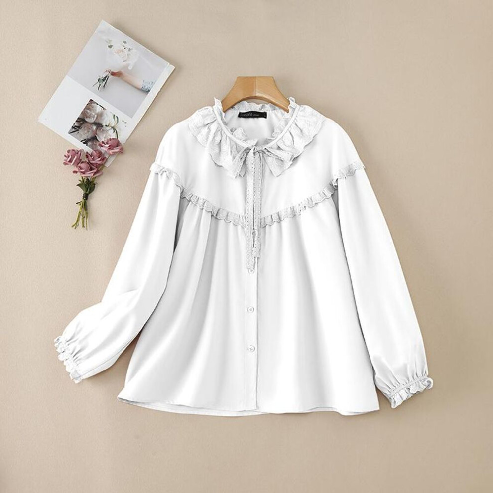 (S, white) ZANZEA Women Splice Crew Neck Long Sleeve Loose Casual Blouse