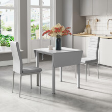 (Grey, B) Dining Table and Chairs, Drop Leaf Kitchen Table With PU Leather High Back Chair