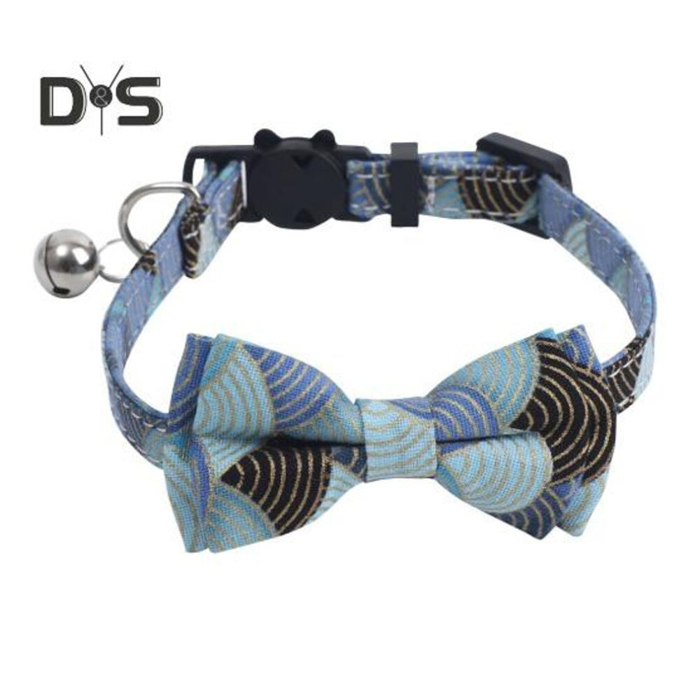 (blue) Bowtie Cat Collar With Bell Japanese Style Printed Fabric Pet Necklace Adjustable Safe Neck Collars In Assorted Colors For Small Dog Cat