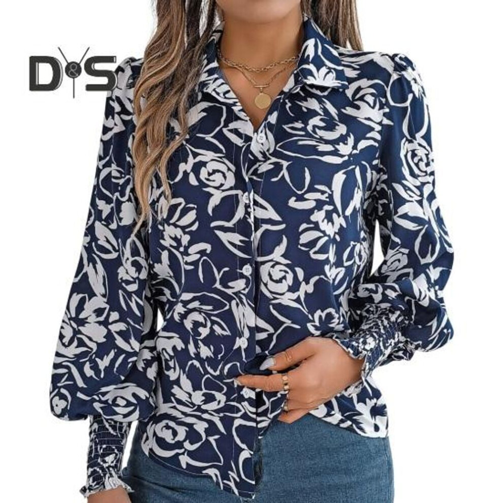 (M, dark blue) Women Shirt Lapel Lantern Long Sleeve Elastic Cuffs Casual Tops Single Breasted Flower Pattern Shirt Streetwear