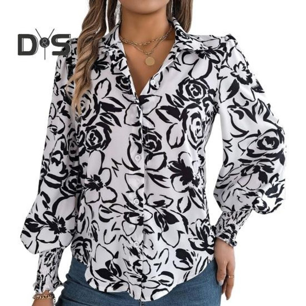 (L, white) Women Shirt Lapel Lantern Long Sleeve Elastic Cuffs Casual Tops Single Breasted Flower Pattern Shirt Streetwear