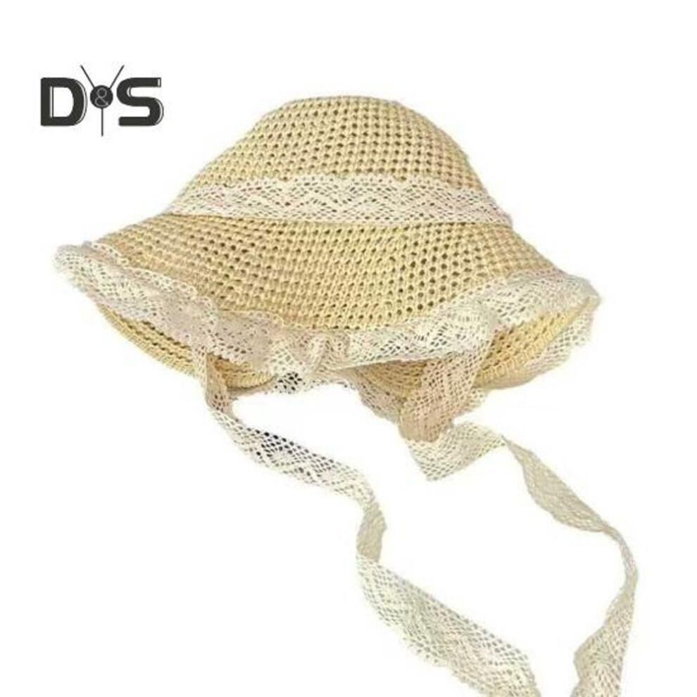 (beige) Wide Brim Straw Sun Hat Knitted Hollow Straw Bucket Hat with Lace Strap Decoration Summer Beach Hat for Hiking Outing Traveling