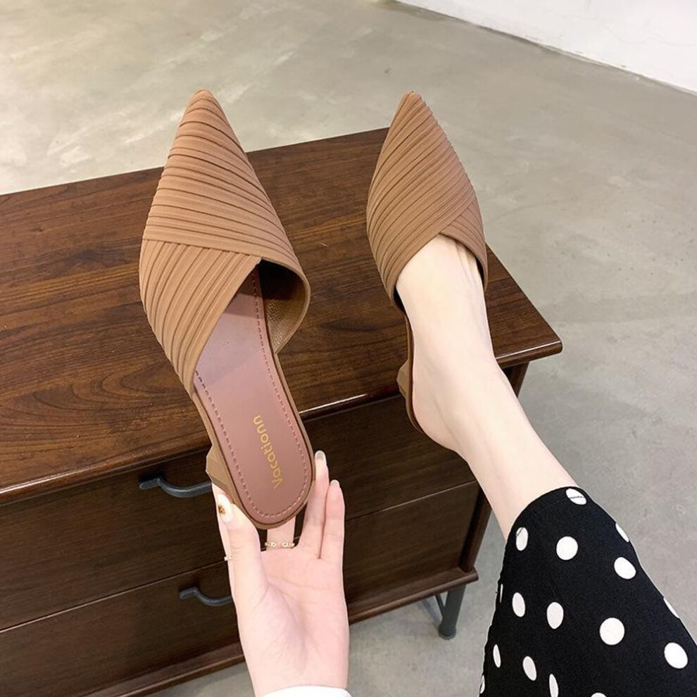 (brown, 39) Women's Pointed-Toe Mid-Heeled Mules: Closed-Toe, Slip-On Half-Slippers, Korean Style, Ideal for Spring and Autumn.